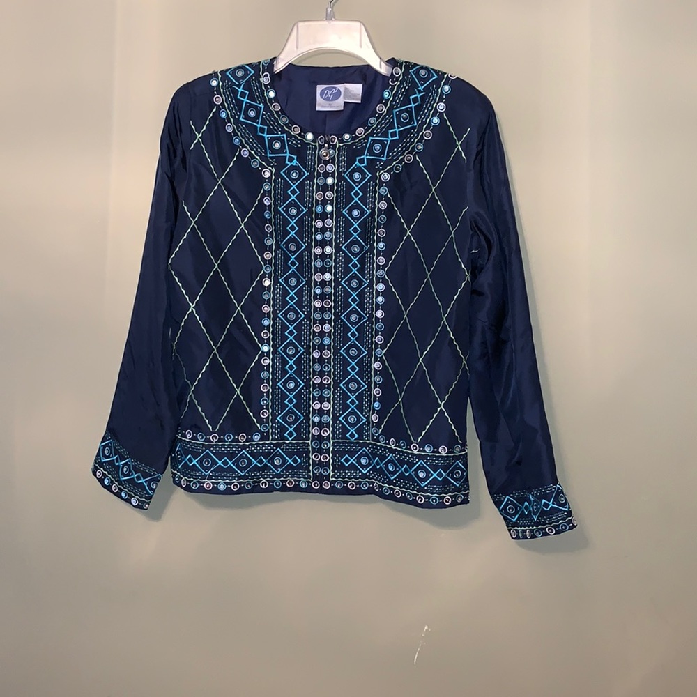 Diane Gilman Navy Blue Embroidered Beaded Jacket